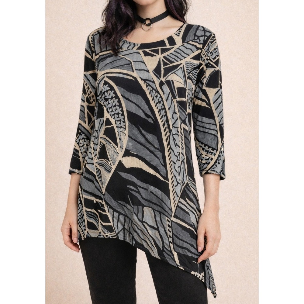 Vintage Abstract Print Asymmetric Tunic Top Medium Boho Festival Artsy Lagenlook